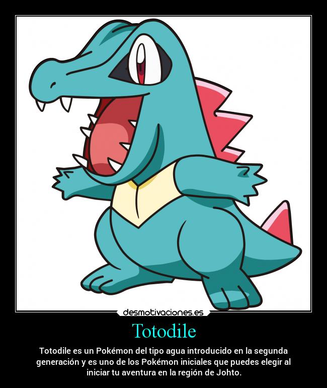 Totodile - Totodile es un Pokémon del tipo agua introducido en la segunda
generación y es uno de los Pokémon iniciales que puedes elegir al
iniciar tu aventura en la región de Johto.