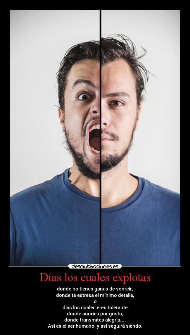 Días los cuales explotas - donde no tienes ganas de sonreír,
donde te estresa el mínimo detalle,
o
días los cuales eres tolerante
donde sonríes por gusto,
donde transmites alegría....
Así es el ser humano, y así seguirá siendo.