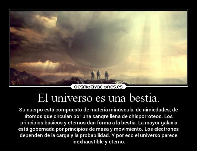 El universo es una bestia. - Su cuerpo está compuesto de materia minúscula, de nimiedades, de
átomos que circulan por una sangre llena de chisporroteos. Los
principios básicos y eternos dan forma a la bestia. La mayor galaxia
está gobernada por principios de masa y movimiento. Los electrones
dependen de la carga y la probabilidad. Y por eso el universo parece
inexhaustible y eterno.