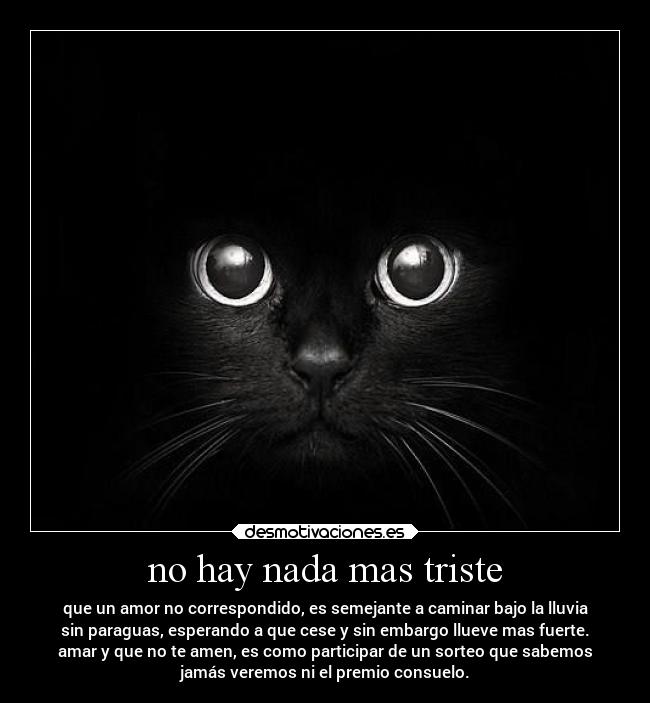 no hay nada mas triste - que un amor no correspondido, es semejante a caminar bajo la lluvia
sin paraguas, esperando a que cese y sin embargo llueve mas fuerte.
amar y que no te amen, es como participar de un sorteo que sabemos
jamás veremos ni el premio consuelo.