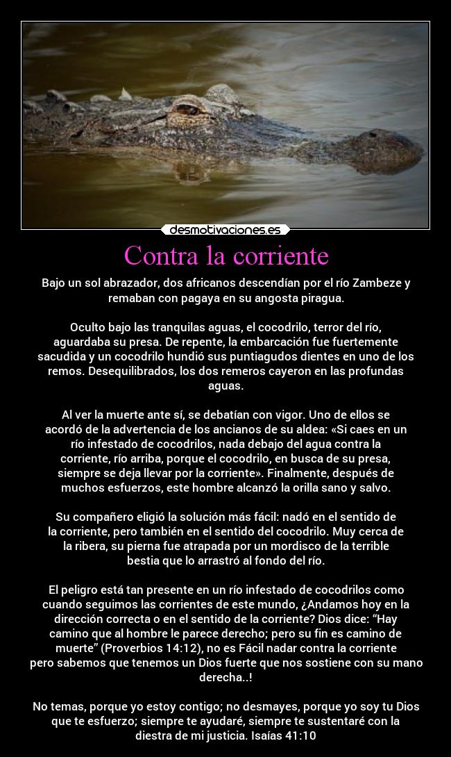 Contra la corriente - Bajo un sol abrazador, dos africanos descendían por el río Zambeze y
remaban con pagaya en su angosta piragua.

Oculto bajo las tranquilas aguas, el cocodrilo, terror del río,
aguardaba su presa. De repente, la embarcación fue fuertemente
sacudida y un cocodrilo hundió sus puntiagudos dientes en uno de los
remos. Desequilibrados, los dos remeros cayeron en las profundas
aguas.

Al ver la muerte ante sí, se debatían con vigor. Uno de ellos se
acordó de la advertencia de los ancianos de su aldea: «Si caes en un
río infestado de cocodrilos, nada debajo del agua contra la
corriente, río arriba, porque el cocodrilo, en busca de su presa,
siempre se deja llevar por la corriente». Finalmente, después de
muchos esfuerzos, este hombre alcanzó la orilla sano y salvo.

Su compañero eligió la solución más fácil: nadó en el sentido de
la corriente, pero también en el sentido del cocodrilo. Muy cerca de
la ribera, su pierna fue atrapada por un mordisco de la terrible
bestia que lo arrastró al fondo del río.

El peligro está tan presente en un río infestado de cocodrilos como
cuando seguimos las corrientes de este mundo, ¿Andamos hoy en la
dirección correcta o en el sentido de la corriente? Dios dice: “Hay
camino que al hombre le parece derecho; pero su fin es camino de
muerte” (Proverbios 14:12), no es Fácil nadar contra la corriente
pero sabemos que tenemos un Dios fuerte que nos sostiene con su mano
derecha..!

No temas, porque yo estoy contigo; no desmayes, porque yo soy tu Dios
que te esfuerzo; siempre te ayudaré, siempre te sustentaré con la
diestra de mi justicia. Isaías 41:10