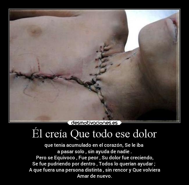 Él creía Que todo ese dolor - que tenia acumulado en el corazón, Se le iba
a pasar solo , sin ayuda de nadie .
Pero se Equivoco , Fue peor , Su dolor fue creciendo,
Se fue pudriendo por dentro , Todos lo querían ayudar ;
A que fuera una persona distinta , sin rencor y Que volviera
Amar de nuevo.