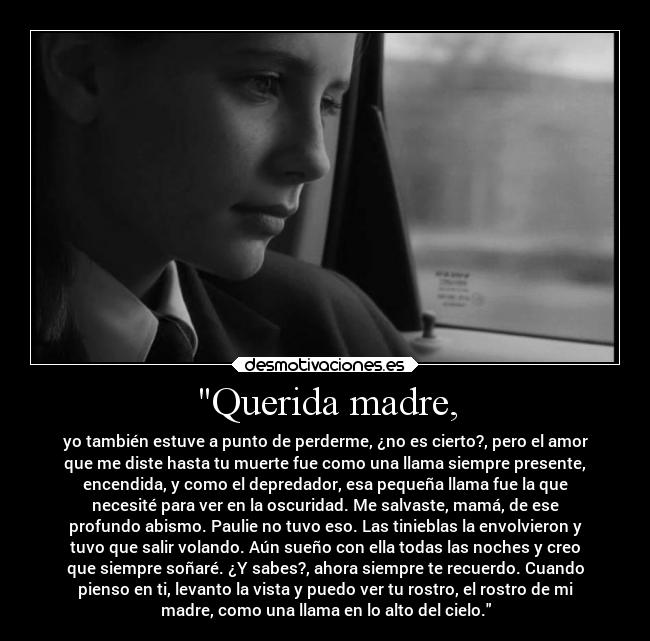 Querida madre, - yo también estuve a punto de perderme, ¿no es cierto?, pero el amor
que me diste hasta tu muerte fue como una llama siempre presente,
encendida, y como el depredador, esa pequeña llama fue la que
necesité para ver en la oscuridad. Me salvaste, mamá, de ese
profundo abismo. Paulie no tuvo eso. Las tinieblas la envolvieron y
tuvo que salir volando. Aún sueño con ella todas las noches y creo
que siempre soñaré. ¿Y sabes?, ahora siempre te recuerdo. Cuando
pienso en ti, levanto la vista y puedo ver tu rostro, el rostro de mi
madre, como una llama en lo alto del cielo.