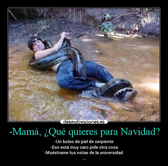 -Mamá, ¿Qué quieres para Navidad? - -Un bolso de piel de serpiente
-Eso está muy caro pide otra cosa
-Muéstrame tus notas de la universidad
...