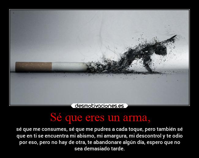 Sé que eres un arma, - sé que me consumes, sé que me pudres a cada toque, pero también sé
que en ti se encuentra mi abismo, mi amargura, mi descontrol y te odio
por eso, pero no hay de otra, te abandonare algún día, espero que no
sea demasiado tarde.