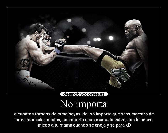 No importa - a cuantos torneos de mma hayas ido, no importa que seas maestro de
artes marciales mixtas, no importa cuan mamado estés, aun le tienes
miedo a tu mama cuando se enoja y se para xD