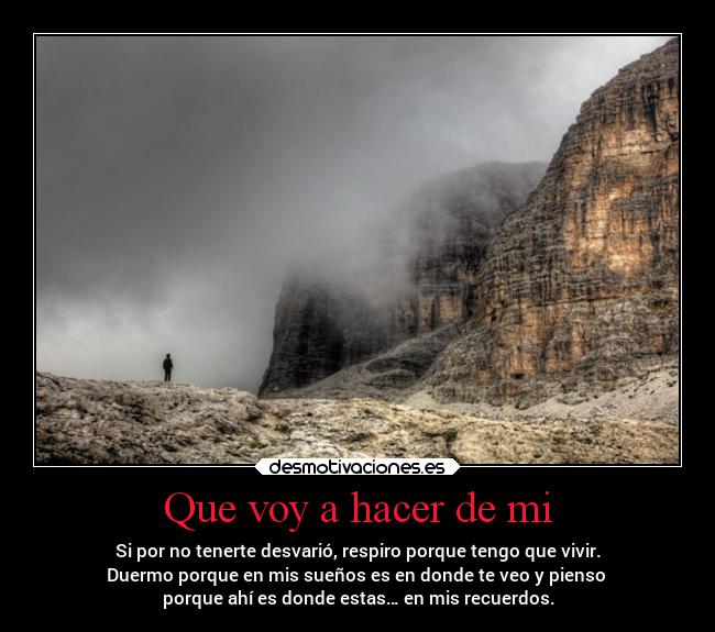 Que voy a hacer de mi - Si por no tenerte desvarió, respiro porque tengo que vivir.
Duermo porque en mis sueños es en donde te veo y pienso
porque ahí es donde estas… en mis recuerdos.