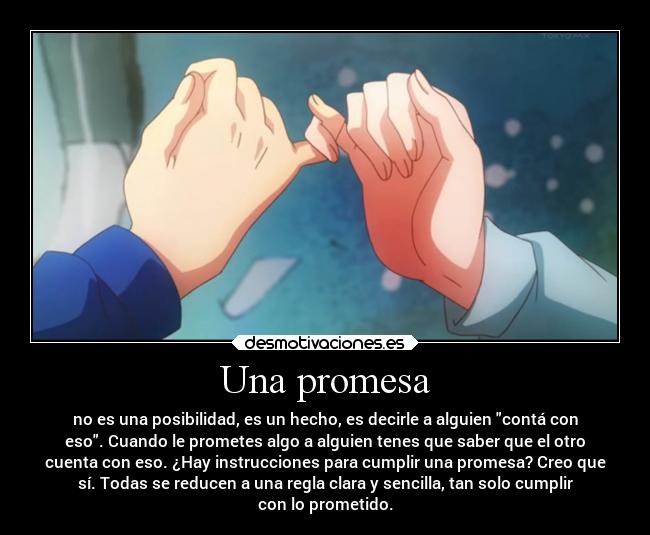 Una promesa - no es una posibilidad, es un hecho, es decirle a alguien contá con
eso. Cuando le prometes algo a alguien tenes que saber que el otro
cuenta con eso. ¿Hay instrucciones para cumplir una promesa? Creo que
sí. Todas se reducen a una regla clara y sencilla, tan solo cumplir
con lo prometido.