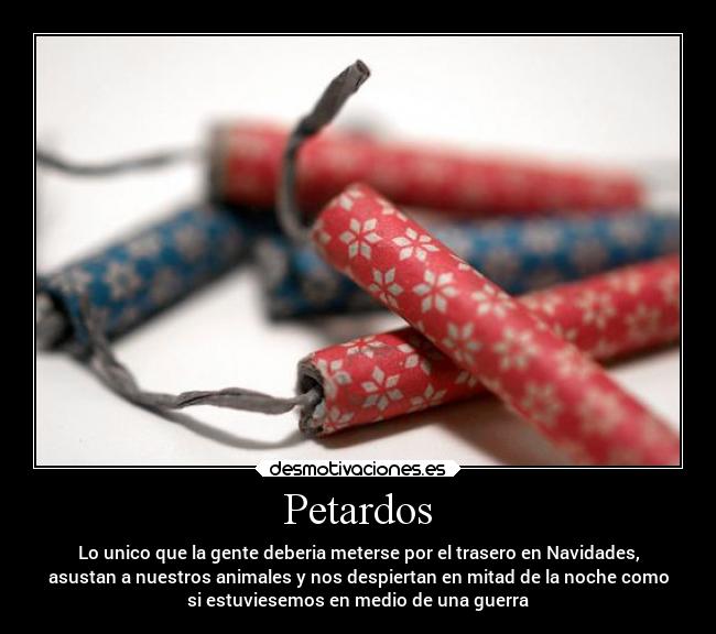 Petardos - Lo unico que la gente deberia meterse por el trasero en Navidades,
asustan a nuestros animales y nos despiertan en mitad de la noche como
si estuviesemos en medio de una guerra