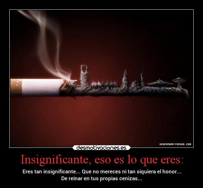 Insignificante, eso es lo que eres: - Eres tan insignificante... Que no mereces ni tan siquiera el honor...
De reinar en tus propias cenizas...