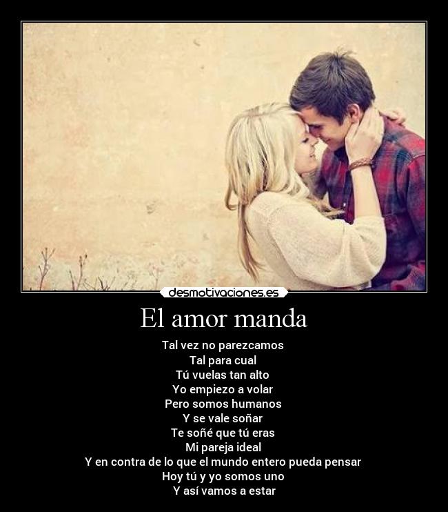 El amor manda - Tal vez no parezcamos 
Tal para cual 
Tú vuelas tan alto 
Yo empiezo a volar 
Pero somos humanos 
Y se vale soñar 
Te soñé que tú eras 
Mi pareja ideal 
Y en contra de lo que el mundo entero pueda pensar 
Hoy tú y yo somos uno 
Y así vamos a estar