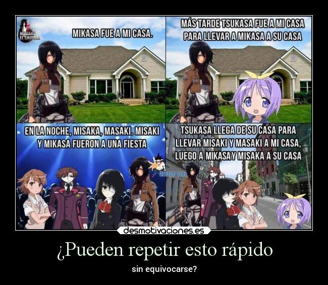 carteles anime humor devilbrigade tsukasa mikasa misaka masaki misaki trabalenguas pregunta lucky star desmotivaciones