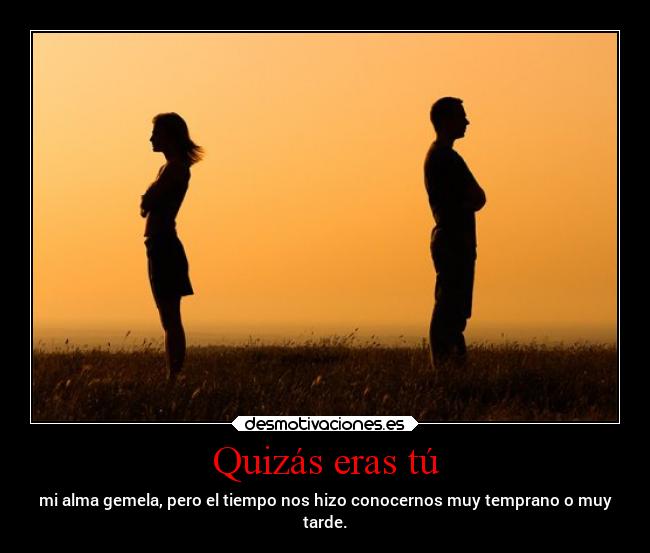 Quizás eras tú - mi alma gemela, pero el tiempo nos hizo conocernos muy temprano o muy
tarde.