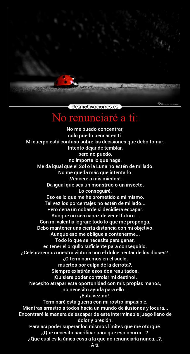 No renunciaré a ti: - No me puedo concentrar,
solo puedo pensar en ti.
Mi cuerpo está confuso sobre las decisiones que debo tomar.
Intento dejar de temblar,
pero no puedo,
no importa lo que haga.
Me da igual que el Sol o la Luna no estén de mi lado.
No me queda más que intentarlo.
¡Venceré a mis miedos!.
Da igual que sea un monstruo o un insecto.
Lo conseguiré.
Eso es lo que me he prometido a mi mismo.
Tal vez los porcentajes no estén de mi lado...
Pero sería un cobarde si decidiera escapar.
Aunque no sea capaz de ver el futuro...
Con mi valentía lograré todo lo que me proponga.
Debo mantener una cierta distancia con mi objetivo.
Aunque eso me obligue a contenerme...
Todo lo que se necesita para ganar,
es tener el orgullo suficiente para conseguirlo.
¿Celebraremos nuestra victoria con el dulce néctar de los dioses?.
¿O terminaremos en el suelo,
muertos por culpa de la derrota?.
Siempre existirán esos dos resultados.
¡Quisiera poder controlar mi destino!.
Necesito atrapar esta oportunidad con mis propias manos,
no necesito ayuda para ello...
¡Esta vez no!.
Terminaré esta guerra con mi rostro impasible.
Mientras arrastro a todos hacia un mundo de ilusiones y locura...
Encontraré la manera de escapar de este interminable juego lleno de
dolor y presión.
Para así poder superar los mismos límites que me otorgué.
¿Qué necesito sacrificar para que eso ocurra...?.
¿Que cuál es la única cosa a la que no renunciaría nunca...?.
A ti.