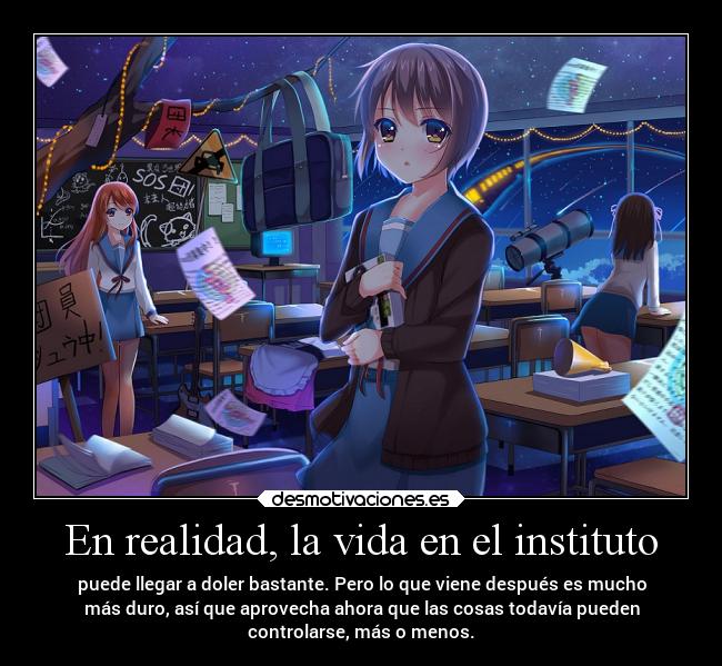 En realidad, la vida en el instituto - puede llegar a doler bastante. Pero lo que viene después es mucho
más duro, así que aprovecha ahora que las cosas todavía pueden
controlarse, más o menos.