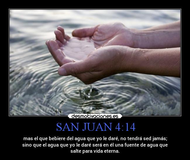 SAN JUAN 4:14 - mas el que bebiere del agua que yo le daré, no tendrá sed jamás;
sino que el agua que yo le daré será en él una fuente de agua que
salte para vida eterna.