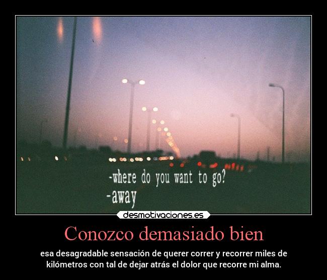 Conozco demasiado bien - esa desagradable sensación de querer correr y recorrer miles de
kilómetros con tal de dejar atrás el dolor que recorre mi alma.
