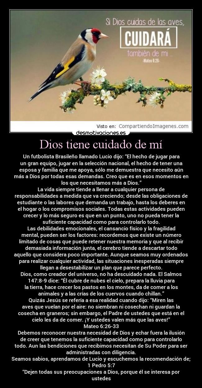 Dios tiene cuidado de mí - Un futbolista Brasileño llamado Lucio dijo: “El hecho de jugar para
un gran equipo, jugar en la selección nacional, el hecho de tener una
esposa y familia que me apoya, sólo me demuestra que necesito aún
más a Dios por todas esas demandas. Creo que es en esos momentos en
los que necesitamos más a Dios.”
La vida siempre tiende a llenar a cualquier persona de
responsabilidades a medida que va creciendo; desde las obligaciones de
estudiante o las labores que demanda un trabajo, hasta los deberes en
el hogar o los compromisos sociales. Todas estas actividades pueden
crecer y lo más seguro es que en un punto, uno no pueda tener la
suficiente capacidad como para controlarlo todo.
Las debilidades emocionales, el cansancio físico y la fragilidad
mental, pueden ser los factores: recordemos que existe un número
limitado de cosas que puede retener nuestra memoria y que al recibir
demasiada información junta, el cerebro tiende a descartar todo
aquello que considera poco importante. Aunque seamos muy ordenados
para realizar cualquier actividad, las situaciones inesperadas siempre
llegan a desestabilizar un plan que parece perfecto.
Dios, como creador del universo, no ha descuidado nada. El Salmos
147:8-9 dice: “Él cubre de nubes el cielo, prepara la lluvia para
la tierra, hace crecer los pastos en los montes, da de comer a los
animales y a las crías de los cuervos cuando chillan.”
Quizás Jesús se refería a esa realidad cuando dijo: “Miren las
aves que vuelan por el aire: no siembran ni cosechan ni guardan la
cosecha en graneros; sin embargo, el Padre de ustedes que está en el
cielo les da de comer. ¡Y ustedes valen más que las aves!”
Mateo 6:26-33
Debemos reconocer nuestra necesidad de Dios y echar fuera la ilusión
de creer que tenemos la suficiente capacidad como para controlarlo
todo. Aun las bendiciones que recibimos necesitan de Su Poder para ser
administradas con diligencia.
Seamos sabios, aprendamos de Lucio y escuchemos la recomendación de;
1 Pedro 5:7
“Dejen todas sus preocupaciones a Dios, porque él se interesa por
ustedes