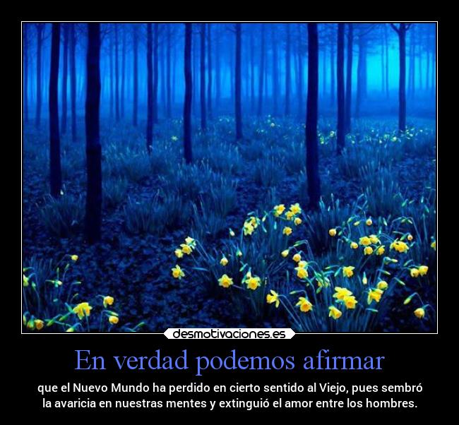En verdad podemos afirmar - que el Nuevo Mundo ha perdido en cierto sentido al Viejo, pues sembró
la avaricia en nuestras mentes y extinguió el amor entre los hombres.