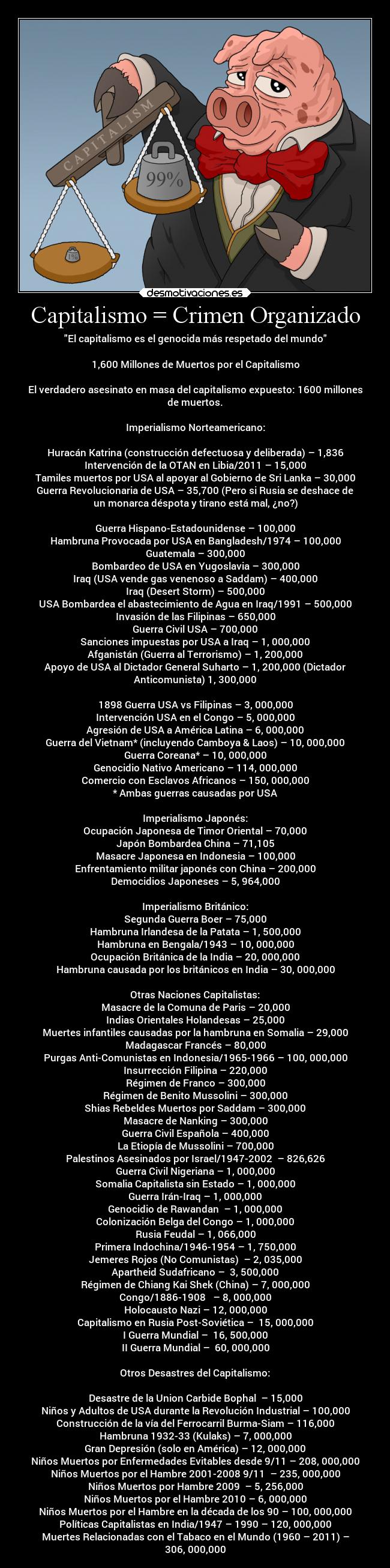 Capitalismo = Crimen Organizado - El capitalismo es el genocida más respetado del mundo
1,600 Millones de Muertos por el Capitalismo
El verdadero asesinato en masa del capitalismo expuesto: 1600 millones
de muertos.
Imperialismo Norteamericano:
Huracán Katrina (construcción defectuosa y deliberada) – 1,836
Intervención de la OTAN en Libia/2011 – 15,000
Tamiles muertos por USA al apoyar al Gobierno de Sri Lanka – 30,000
Guerra Revolucionaria de USA – 35,700 (Pero si Rusia se deshace de
un monarca déspota y tirano está mal, ¿no?)
Guerra Hispano-Estadounidense – 100,000
Hambruna Provocada por USA en Bangladesh/1974 – 100,000
Guatemala – 300,000
Bombardeo de USA en Yugoslavia – 300,000
Iraq (USA vende gas venenoso a Saddam) – 400,000
Iraq (Desert Storm) – 500,000
USA Bombardea el abastecimiento de Agua en Iraq/1991 – 500,000
Invasión de las Filipinas – 650,000
Guerra Civil USA – 700,000
Sanciones impuestas por USA a Iraq – 1, 000,000
Afganistán (Guerra al Terrorismo) – 1, 200,000
Apoyo de USA al Dictador General Suharto – 1, 200,000 (Dictador
Anticomunista) 1, 300,000
1898 Guerra USA vs Filipinas – 3, 000,000
Intervención USA en el Congo – 5, 000,000
Agresión de USA a América Latina – 6, 000,000
Guerra del Vietnam* (incluyendo Camboya & Laos) – 10, 000,000
Guerra Coreana* – 10, 000,000
Genocidio Nativo Americano – 114, 000,000
Comercio con Esclavos Africanos – 150, 000,000
* Ambas guerras causadas por USA
Imperialismo Japonés:
Ocupación Japonesa de Timor Oriental – 70,000
Japón Bombardea China – 71,105
Masacre Japonesa en Indonesia – 100,000
Enfrentamiento militar japonés con China – 200,000
Democidios Japoneses – 5, 964,000
Imperialismo Británico:
Segunda Guerra Boer – 75,000
Hambruna Irlandesa de la Patata – 1, 500,000
Hambruna en Bengala/1943 – 10, 000,000
Ocupación Británica de la India – 20, 000,000
Hambruna causada por los británicos en India – 30, 000,000
Otras Naciones Capitalistas:
Masacre de la Comuna de Paris – 20,000
Indias Orientales Holandesas – 25,000
Muertes infantiles causadas por la hambruna en Somalia – 29,000
Madagascar Francés – 80,000
Purgas Anti-Comunistas en Indonesia/1965-1966 – 100, 000,000
Insurrección Filipina – 220,000
Régimen de Franco – 300,000
Régimen de Benito Mussolini – 300,000
Shias Rebeldes Muertos por Saddam – 300,000
Masacre de Nanking – 300,000
Guerra Civil Española – 400,000
La Etiopía de Mussolini – 700,000
Palestinos Asesinados por Israel/1947-2002 – 826,626
Guerra Civil Nigeriana – 1, 000,000
Somalia Capitalista sin Estado – 1, 000,000
Guerra Irán-Iraq – 1, 000,000
Genocidio de Rawandan – 1, 000,000
Colonización Belga del Congo – 1, 000,000
Rusia Feudal – 1, 066,000
Primera Indochina/1946-1954 – 1, 750,000
Jemeres Rojos (No Comunistas) – 2, 035,000
Apartheid Sudafricano – 3, 500,000
Régimen de Chiang Kai Shek (China) – 7, 000,000
Congo/1886-1908 – 8, 000,000
Holocausto Nazi – 12, 000,000
Capitalismo en Rusia Post-Soviética – 15, 000,000
I Guerra Mundial – 16, 500,000
II Guerra Mundial – 60, 000,000
Otros Desastres del Capitalismo:
Desastre de la Union Carbide Bophal – 15,000
Niños y Adultos de USA durante la Revolución Industrial – 100,000
Construcción de la vía del Ferrocarril Burma-Siam – 116,000
Hambruna 1932-33 (Kulaks) – 7, 000,000
Gran Depresión (solo en América) – 12, 000,000
Niños Muertos por Enfermedades Evitables desde 9/11 – 208, 000,000
Niños Muertos por el Hambre 2001-2008 9/11 – 235, 000,000
Niños Muertos por Hambre 2009 – 5, 256,000
Niños Muertos por el Hambre 2010 – 6, 000,000
Niños Muertos por el Hambre en la década de los 90 – 100, 000,000
Políticas Capitalistas en India/1947 – 1990 – 120, 000,000
Muertes Relacionadas con el Tabaco en el Mundo (1960 – 2011) –
306, 000,000