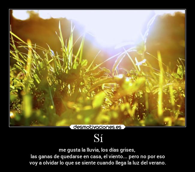 Sí - me gusta la lluvia, los días grises, 
las ganas de quedarse en casa, el viento... pero no por eso
voy a olvidar lo que se siente cuando llega la luz del verano.