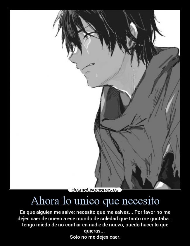 Ahora lo unico que necesito - Es que alguien me salve; necesito que me salves... Por favor no me
dejes caer de nuevo a ese mundo de soledad que tanto me gustaba...
tengo miedo de no confiar en nadie de nuevo, puedo hacer lo que
quieras...
Solo no me dejes caer.