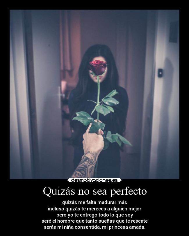Quizás no sea perfecto - quizás me falta madurar más
incluso quizás te mereces a alguien mejor
pero yo te entrego todo lo que soy
seré el hombre que tanto sueñas que te rescate
serás mi niña consentida, mi princesa amada.