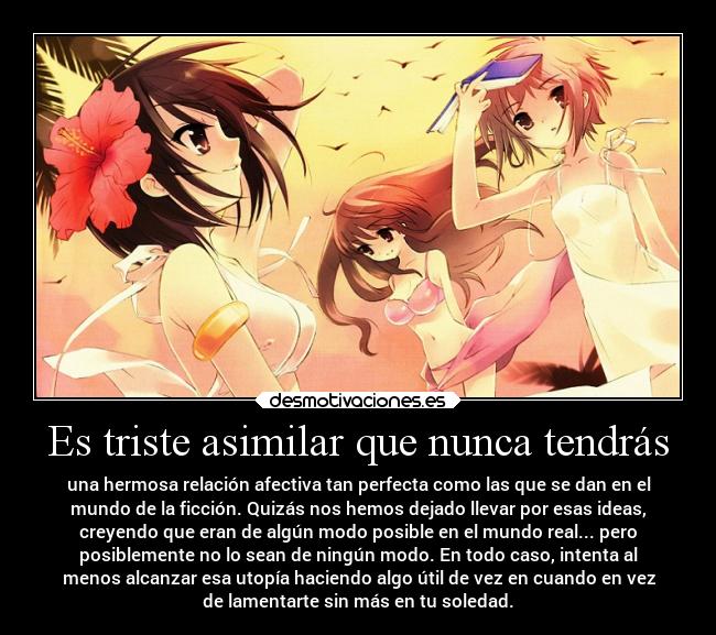 Es triste asimilar que nunca tendrás - una hermosa relación afectiva tan perfecta como las que se dan en el
mundo de la ficción. Quizás nos hemos dejado llevar por esas ideas,
creyendo que eran de algún modo posible en el mundo real... pero
posiblemente no lo sean de ningún modo. En todo caso, intenta al
menos alcanzar esa utopía haciendo algo útil de vez en cuando en vez
de lamentarte sin más en tu soledad.