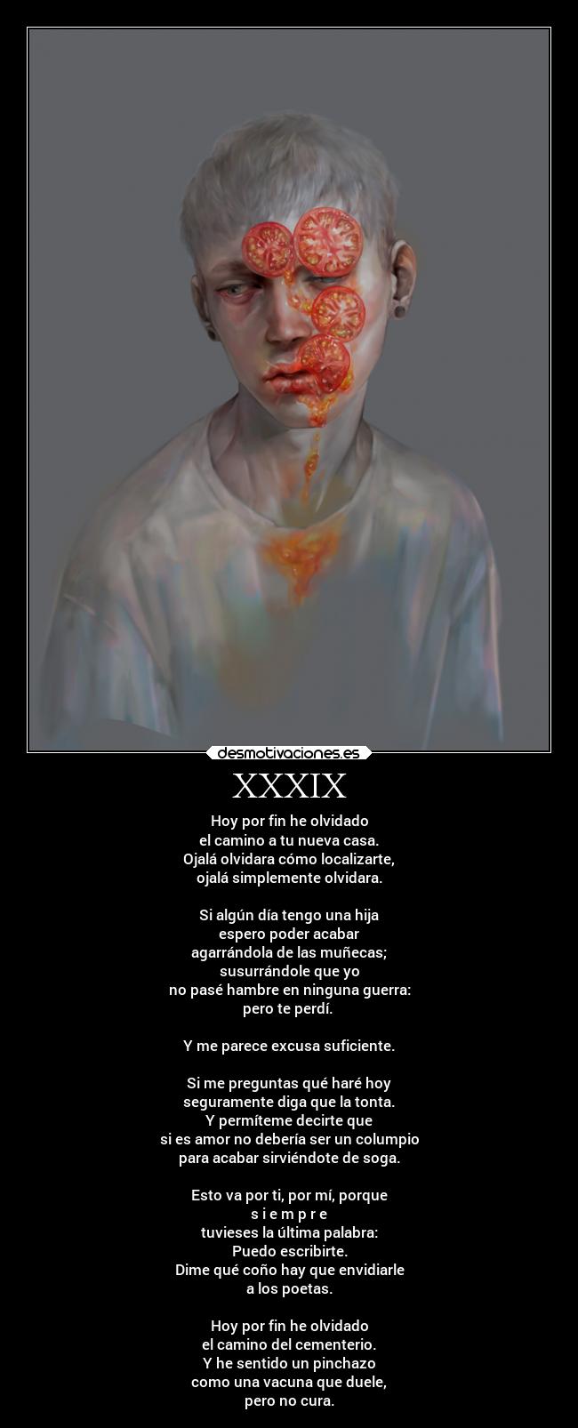 XXXIX - Hoy por fin he olvidado
el camino a tu nueva casa.
Ojalá olvidara cómo localizarte,
ojalá simplemente olvidara.
Si algún día tengo una hija
espero poder acabar
agarrándola de las muñecas;
susurrándole que yo
no pasé hambre en ninguna guerra:
pero te perdí.
Y me parece excusa suficiente.
Si me preguntas qué haré hoy
seguramente diga que la tonta.
Y permíteme decirte que
si es amor no debería ser un columpio
para acabar sirviéndote de soga.
Esto va por ti, por mí, porque
s i e m p r e
tuvieses la última palabra:
Puedo escribirte.
Dime qué coño hay que envidiarle
a los poetas.
Hoy por fin he olvidado
el camino del cementerio.
Y he sentido un pinchazo
como una vacuna que duele,
pero no cura.