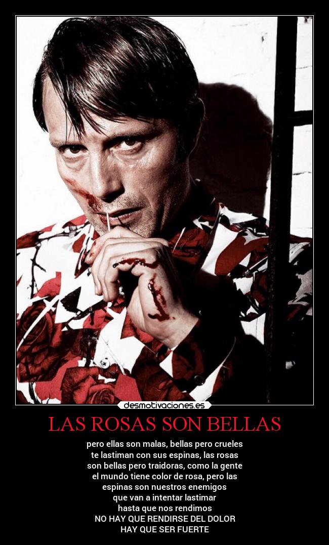 LAS ROSAS SON BELLAS - pero ellas son malas, bellas pero crueles
te lastiman con sus espinas, las rosas
son bellas pero traidoras, como la gente
el mundo tiene color de rosa, pero las
espinas son nuestros enemigos
que van a intentar lastimar
hasta que nos rendimos
NO HAY QUE RENDIRSE DEL DOLOR
HAY QUE SER FUERTE