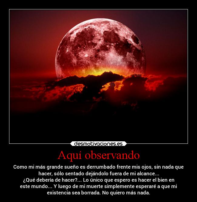 Aquí observando - Como mi más grande sueño es derrumbado frente mis ojos, sin nada que
hacer, sólo sentado dejándolo fuera de mi alcance...
¿Qué debería de hacer?... Lo único que espero es hacer el bien en
este mundo... Y luego de mi muerte simplemente esperaré a que mi
existencia sea borrada. No quiero más nada.
