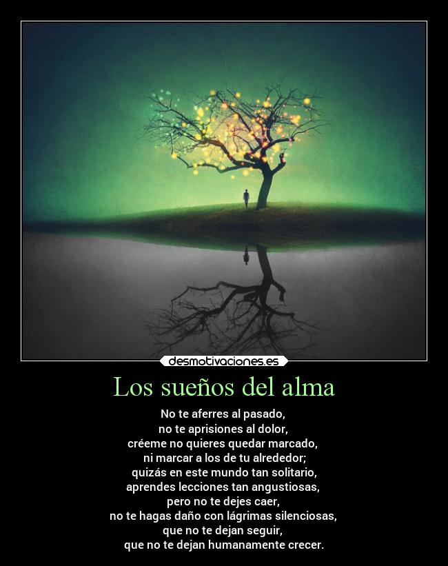 Los sueños del alma - No te aferres al pasado,
no te aprisiones al dolor,
créeme no quieres quedar marcado,
ni marcar a los de tu alrededor;
quizás en este mundo tan solitario,
aprendes lecciones tan angustiosas,
pero no te dejes caer,
no te hagas daño con lágrimas silenciosas,
que no te dejan seguir,
que no te dejan humanamente crecer.