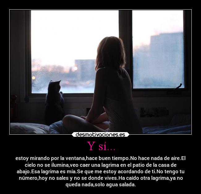 Y sí... - estoy mirando por la ventana,hace buen tiempo.No hace nada de aire.El
cielo no se ilumina,veo caer una lagrima en el patio de la casa de
abajo.Esa lagrima es mía.Se que me estoy acordando de ti.No tengo tu
número,hoy no sales y no se donde vives.Ha caído otra lagrima,ya no
queda nada,solo agua salada.