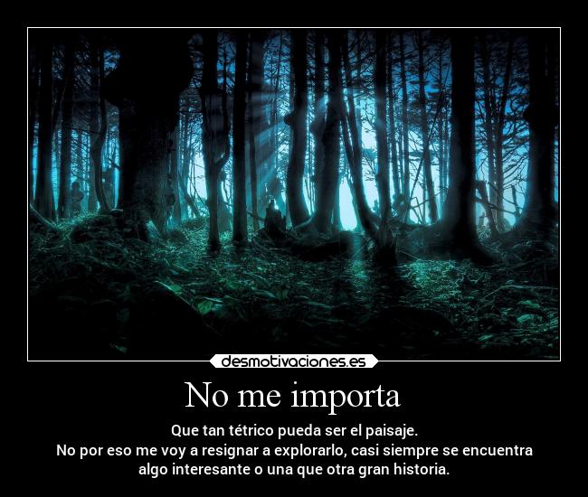 No me importa - Que tan tétrico pueda ser el paisaje.
No por eso me voy a resignar a explorarlo, casi siempre se encuentra
algo interesante o una que otra gran historia.