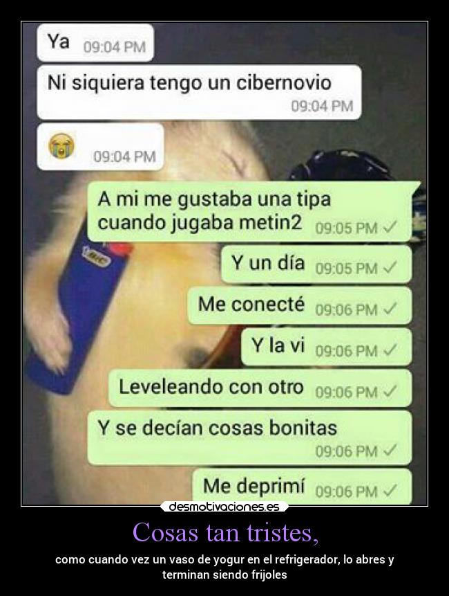 Cosas tan tristes, - como cuando vez un vaso de yogur en el refrigerador, lo abres y
terminan siendo frijoles