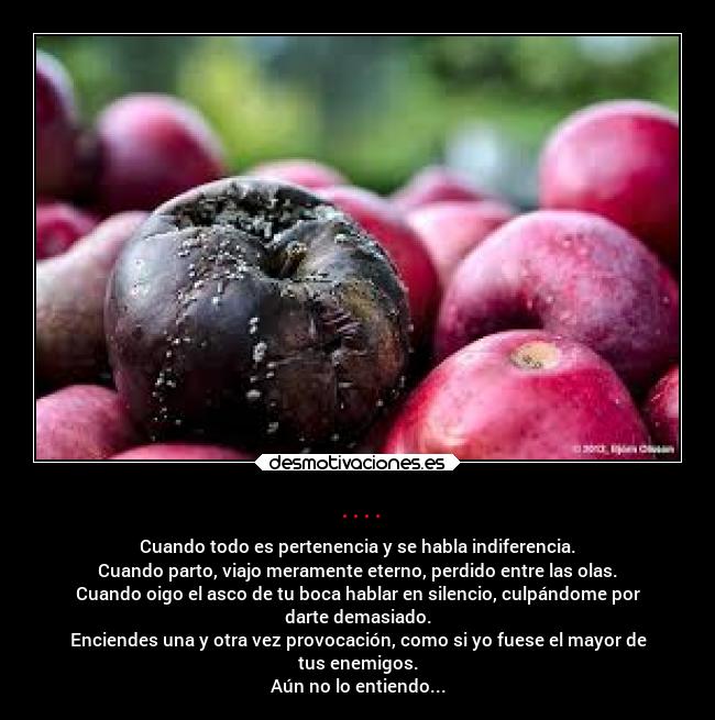 .... - Cuando todo es pertenencia y se habla indiferencia.
Cuando parto, viajo meramente eterno, perdido entre las olas.
Cuando oigo el asco de tu boca hablar en silencio, culpándome por
darte demasiado.
Enciendes una y otra vez provocación, como si yo fuese el mayor de
tus enemigos.
Aún no lo entiendo...