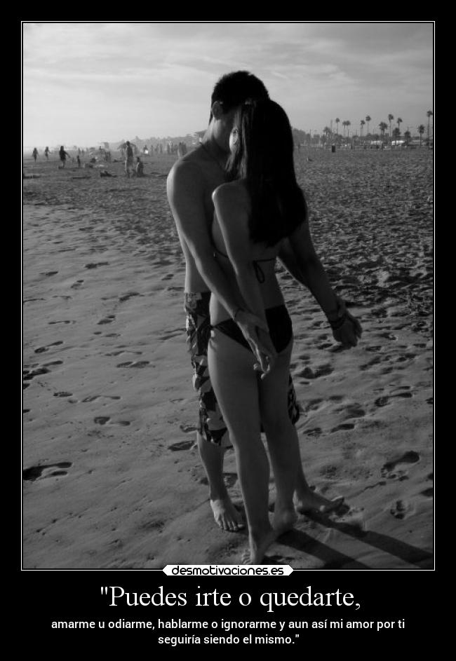 Puedes irte o quedarte, - amarme u odiarme, hablarme o ignorarme y aun así mi amor por ti
seguiría siendo el mismo.