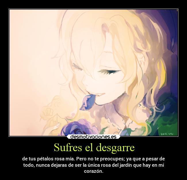 Sufres el desgarre - de tus pétalos rosa mía. Pero no te preocupes; ya que a pesar de
todo, nunca dejaras de ser la única rosa del jardín que hay en mi
corazón.