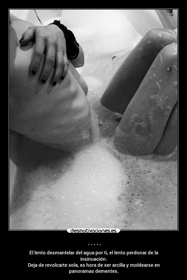 ..... - El lento desmantelar del agua por ti, el lento perdonar de la
insinuación.
Deja de revolcarte sola, es hora de ser arcilla y moldearse en
panoramas dementes.