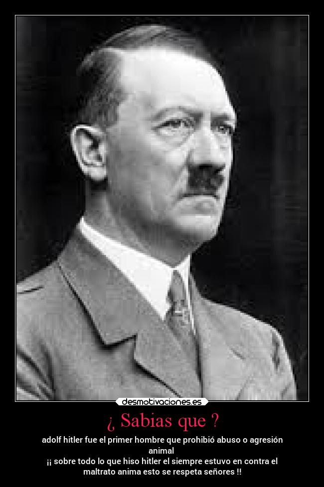 ¿ Sabias que ? - adolf hitler fue el primer hombre que prohibió abuso o agresión
animal
¡¡ sobre todo lo que hiso hitler el siempre estuvo en contra el
maltrato anima esto se respeta señores !!