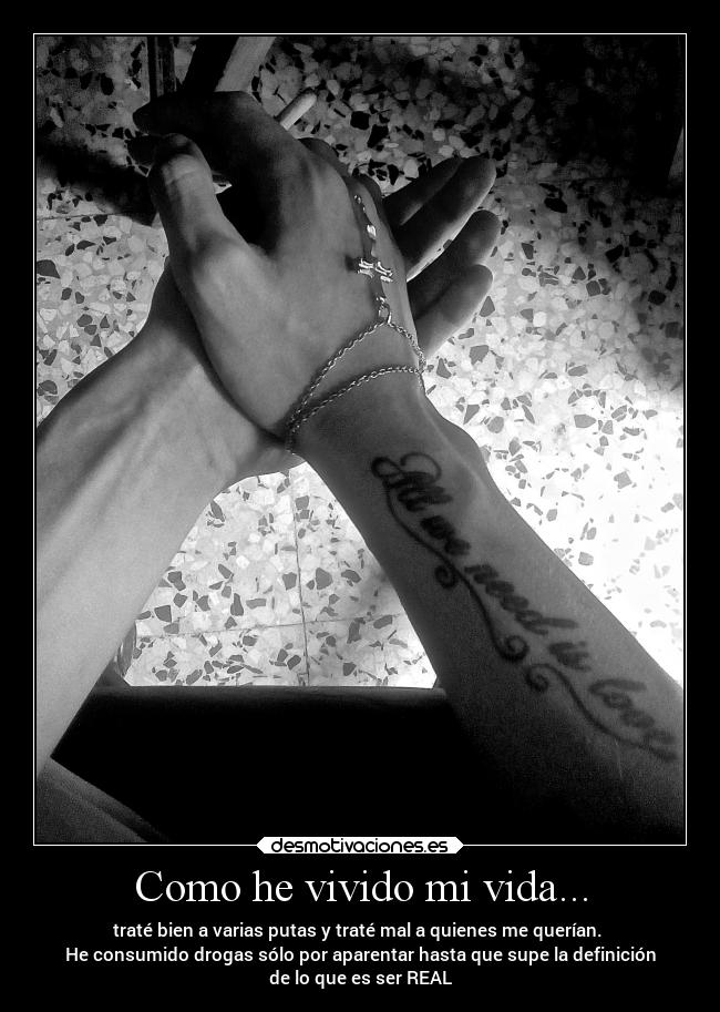 Como he vivido mi vida... - traté bien a varias putas y traté mal a quienes me querían.
He consumido drogas sólo por aparentar hasta que supe la definición
de lo que es ser REAL