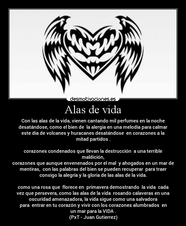 Alas de vida - Con las alas de la vida, vienen cantando mil perfumes en la noche
desatándose, como el bien de  la alergia en una melodía para calmar
este día de volcanes y huracanes desatándose  en corazones a la
mitad partidos .

corazones condenados que llevan la destrucción  a una terrible
maldición,
corazones que aunque envenenados por el mal  y ahogados en un mar de
mentiras,  con las palabras del bien se pueden recuperar  para traer
consigo la alegría y la gloria de las alas de la vida.

como una rosa que  florece en  primavera demostrando  la vida  cada
vez que persevera, como las alas de la vida  rosando calaveras en una
oscuridad amenazadora, la vida sigue como una salvadora
para  entrar en tu corazón y vivir con los corazones alumbrados  en
un mar para la VIDA .
(PxT - Juan Gutierrez)