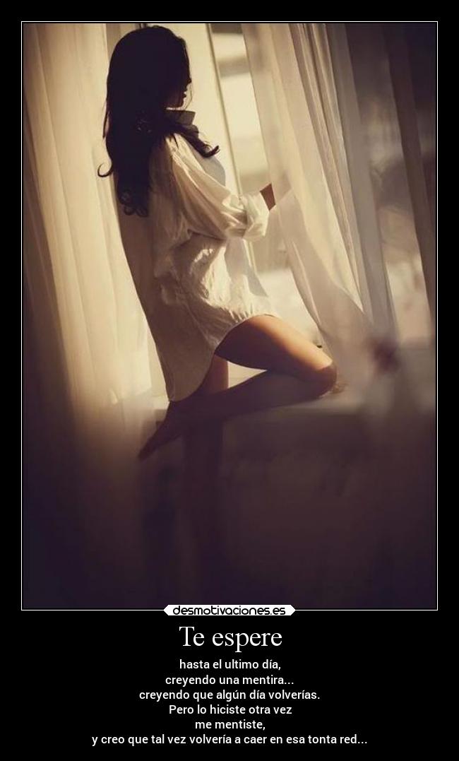 Te espere - hasta el ultimo día,
creyendo una mentira...
creyendo que algún día volverías.
Pero lo hiciste otra vez
me mentiste,
y creo que tal vez volvería a caer en esa tonta red...