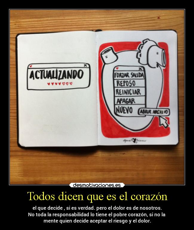 Todos dicen que es el corazón - el que decide , si es verdad. pero el dolor es de nosotros.
No toda la responsabilidad lo tiene el pobre corazón, si no la 
mente quien decide aceptar el riesgo y el dolor.