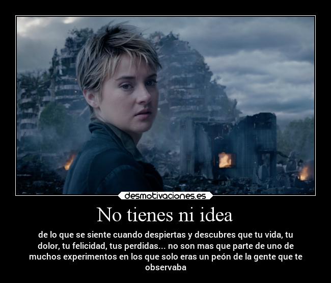 No tienes ni idea - de lo que se siente cuando despiertas y descubres que tu vida, tu
dolor, tu felicidad, tus perdidas... no son mas que parte de uno de
muchos experimentos en los que solo eras un peón de la gente que te
observaba