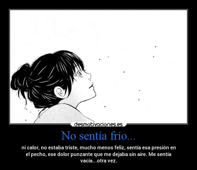 No sentía frío... - ni calor, no estaba triste, mucho menos feliz, sentía esa presión en
el pecho, ese dolor punzante que me dejaba sin aire. Me sentía
vacía...otra vez.
