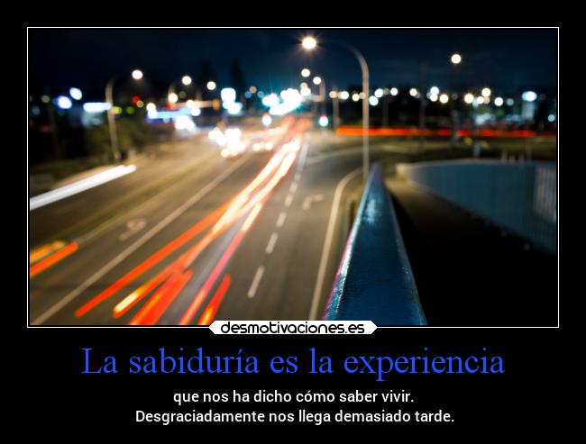 La sabiduría es la experiencia - que nos ha dicho cómo saber vivir.
 Desgraciadamente nos llega demasiado tarde.