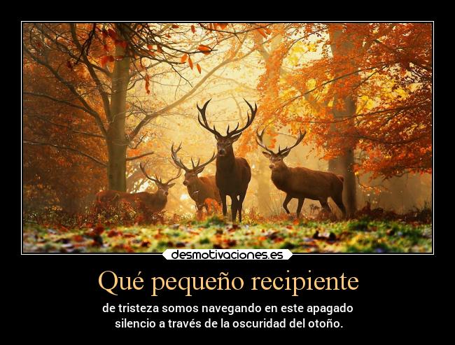 Qué pequeño recipiente - de tristeza somos navegando en este apagado
 silencio a través de la oscuridad del otoño.