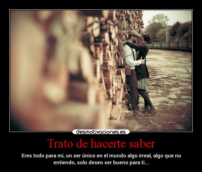 Trato de hacerte saber - Eres todo para mi, un ser único en el mundo algo irreal, algo que no
entiendo, solo deseo ser bueno para ti...