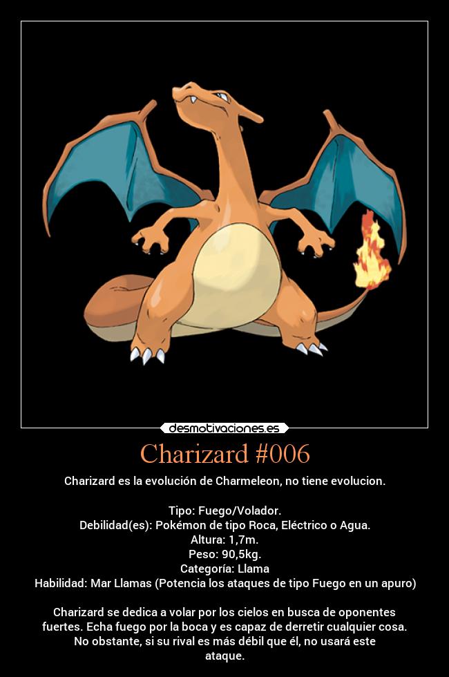 Charizard #006 - Charizard es la evolución de Charmeleon, no tiene evolucion.
Tipo: Fuego/Volador.
Debilidad(es): Pokémon de tipo Roca, Eléctrico o Agua.
Altura: 1,7m.
Peso: 90,5kg.
Categoría: Llama
Habilidad: Mar Llamas (Potencia los ataques de tipo Fuego en un apuro)
Charizard se dedica a volar por los cielos en busca de oponentes
fuertes. Echa fuego por la boca y es capaz de derretir cualquier cosa.
No obstante, si su rival es más débil que él, no usará este
ataque.